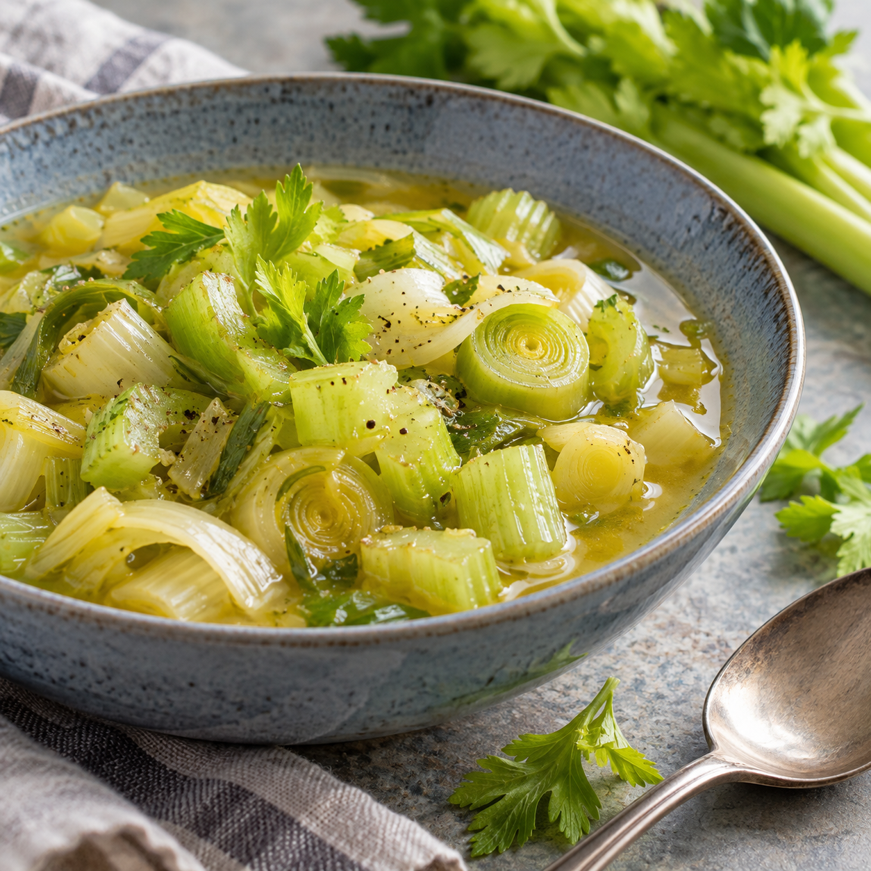 Tender celery and leeks with a small amount of glossy broth.