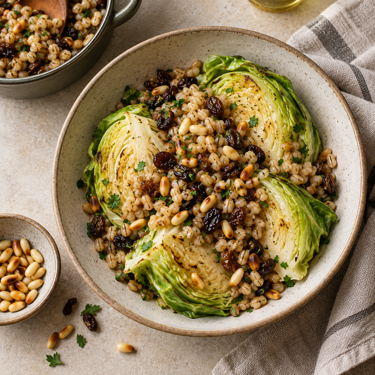 Cooked cabbage wedges topped with barley, raisins and pine nuts.