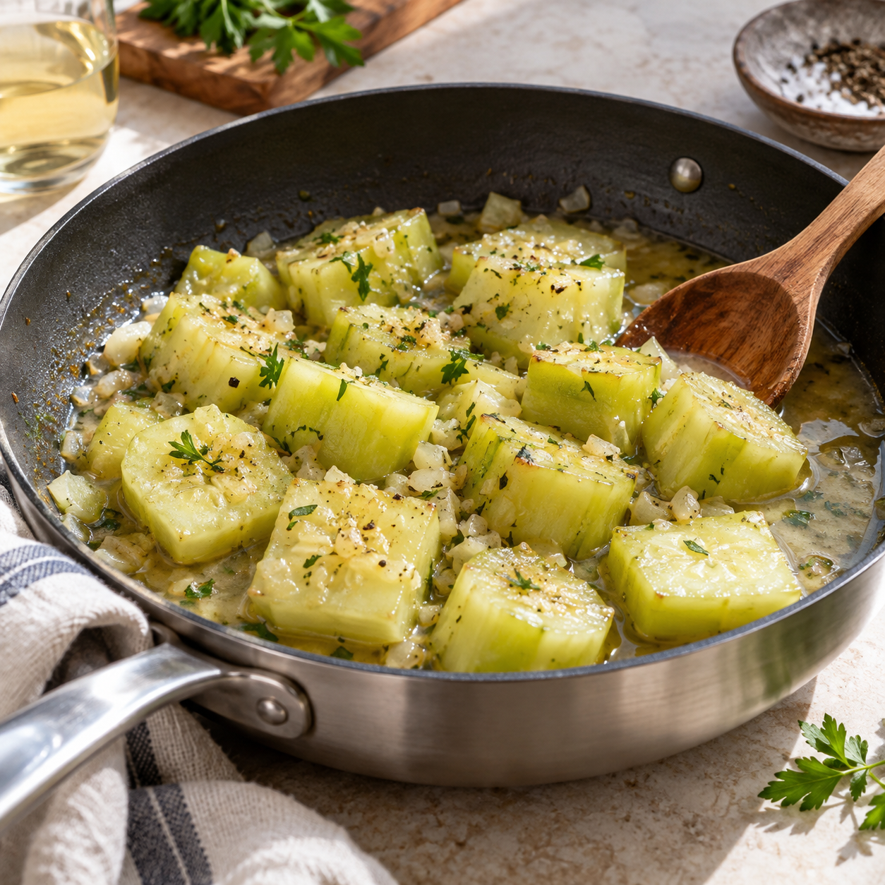 Thick peeled cucumber pieces cooking in a shallow skillet of light wine sauce.