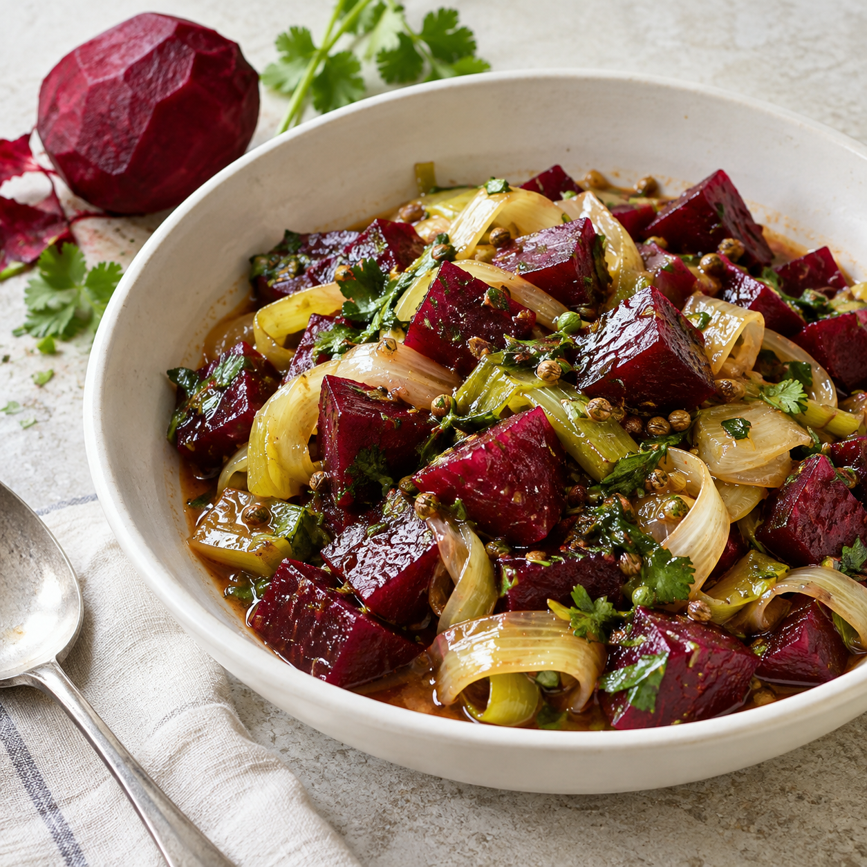 Ruby beet cubes and soft leek ribbons in a shallow glossy sauce.