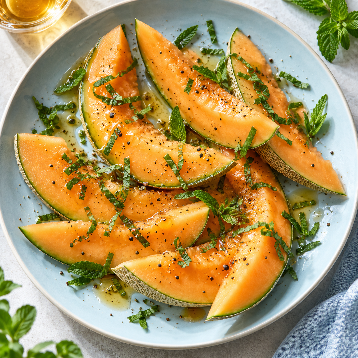 Orange melon wedges with mint ribbons and fine black pepper.
