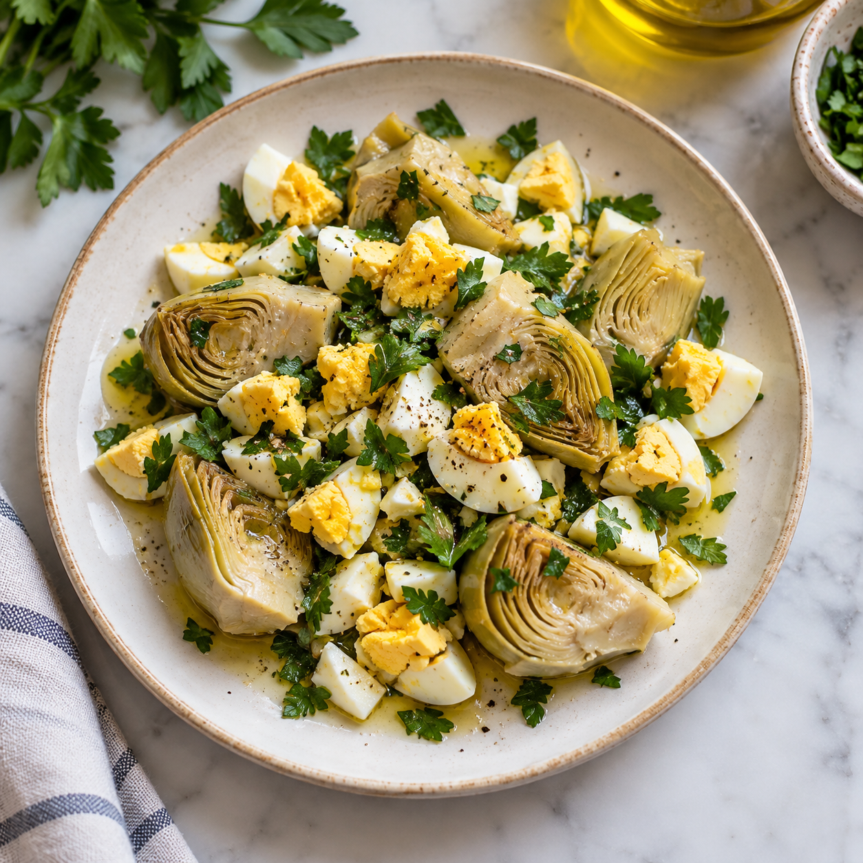 Artichoke hearts dressed with chopped hard-boiled egg and parsley.