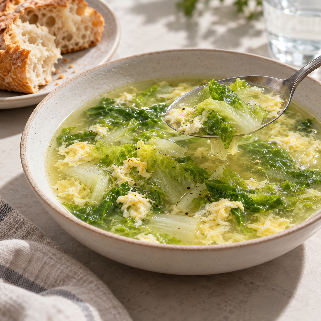 Warm pale-green lettuce soup with small cooked egg flecks.
