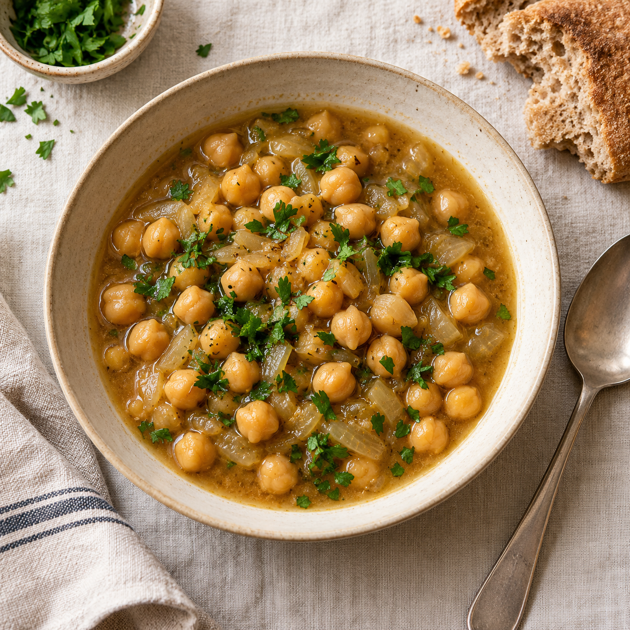 Whole chickpeas in a light cumin broth scattered with parsley.