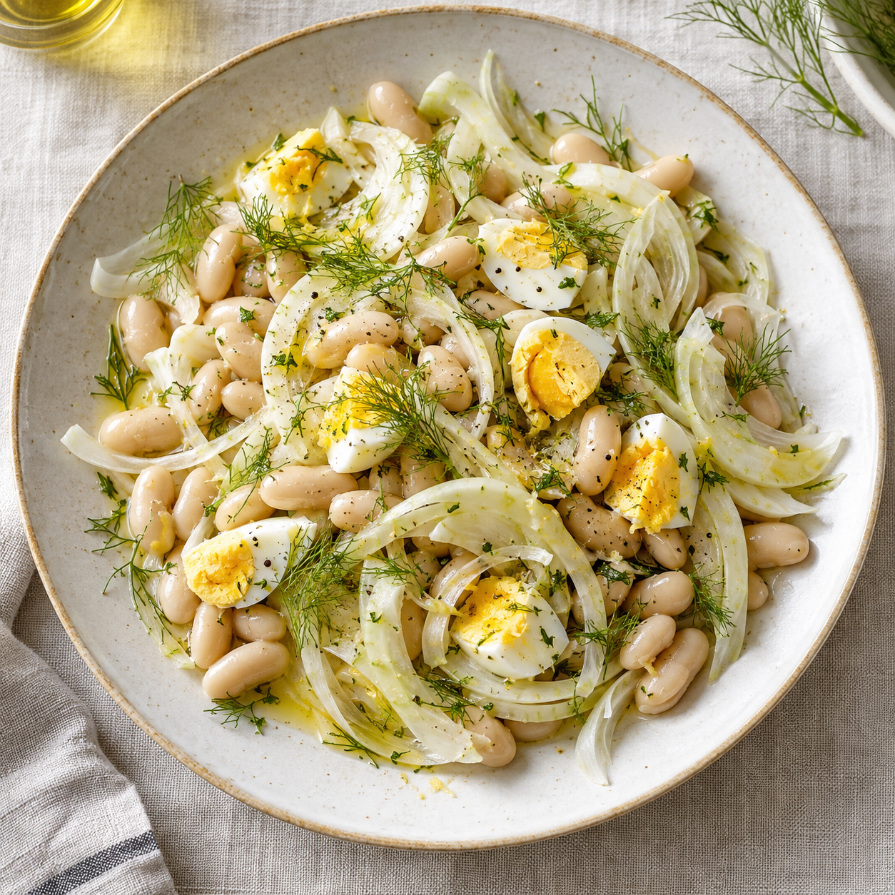 White beans, thin fennel and chopped hard-boiled egg with fennel fronds.