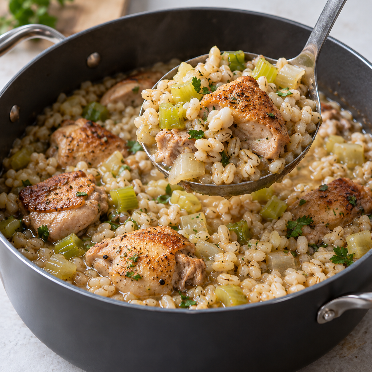 Chicken pieces and soft cooked grain in a moist one-pot bowl; barley substitution shown.