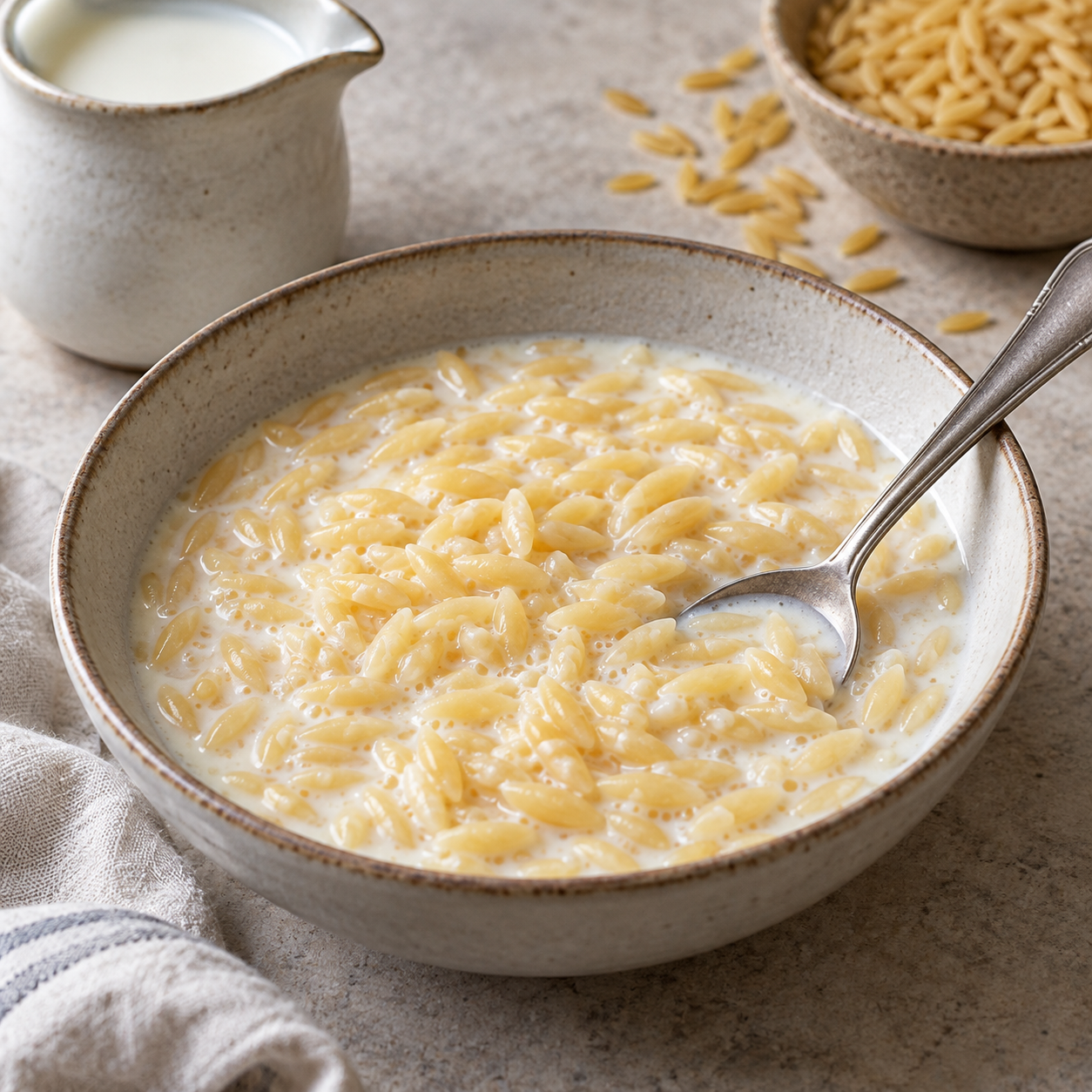 Small pasta pieces in a loose creamy milk breakfast bowl.