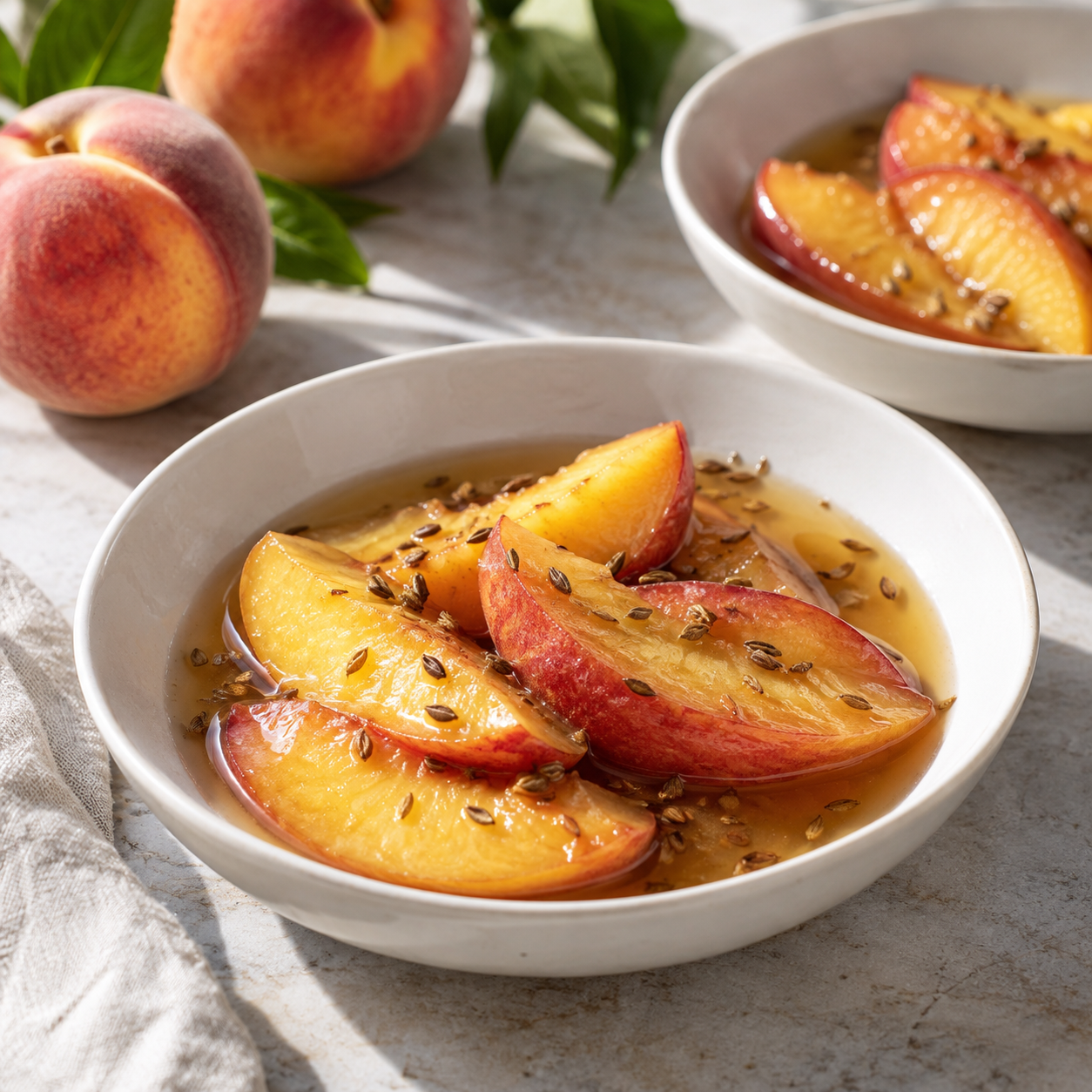 Warm peach slices in a little translucent cumin wine sauce.