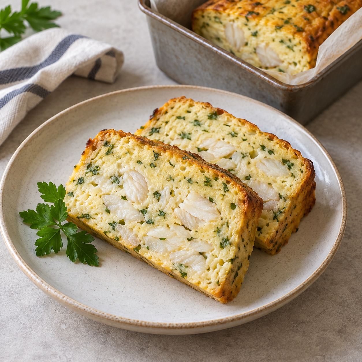 Sliced cooked egg terrine with white-fish flakes and parsley.