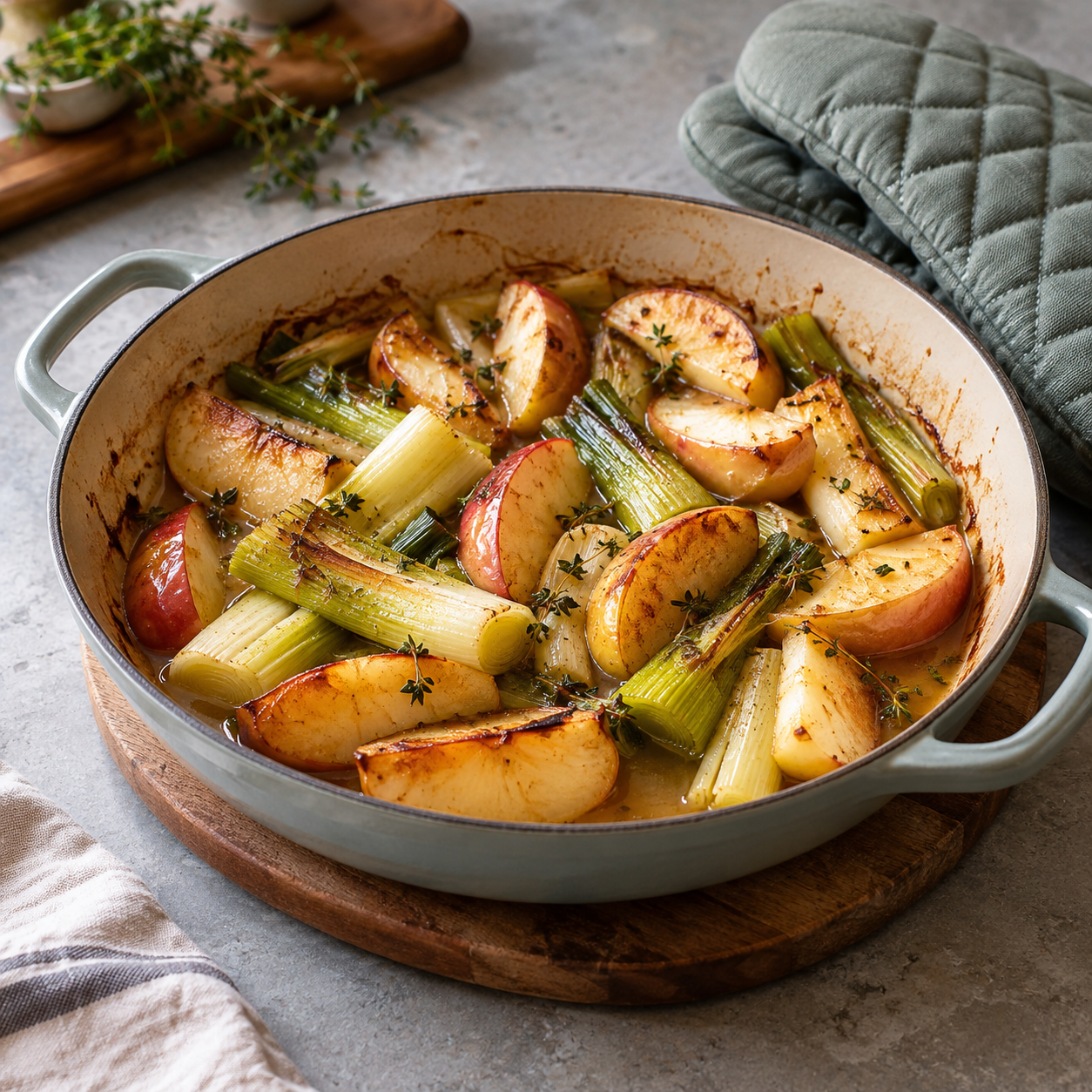 Baked apple wedges and leek lengths in a shallow casserole.