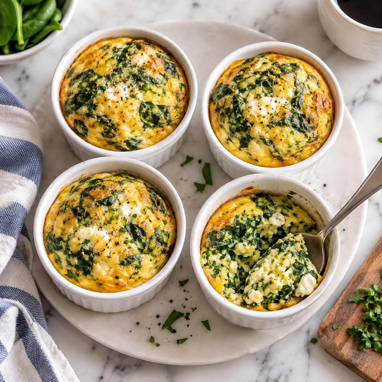 Four baked spinach egg cups with a spoon showing their set interior.