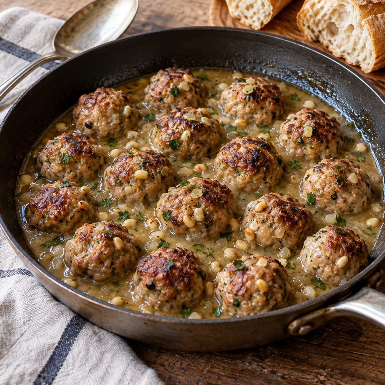 Small browned pork and pine-nut meatballs in light wine gravy.