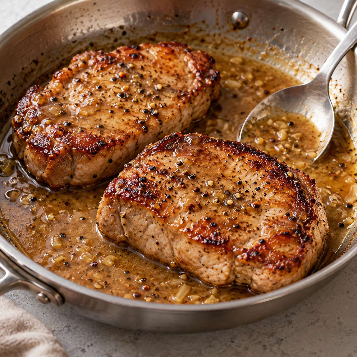 Browned pork chops with a little light pan gravy.
