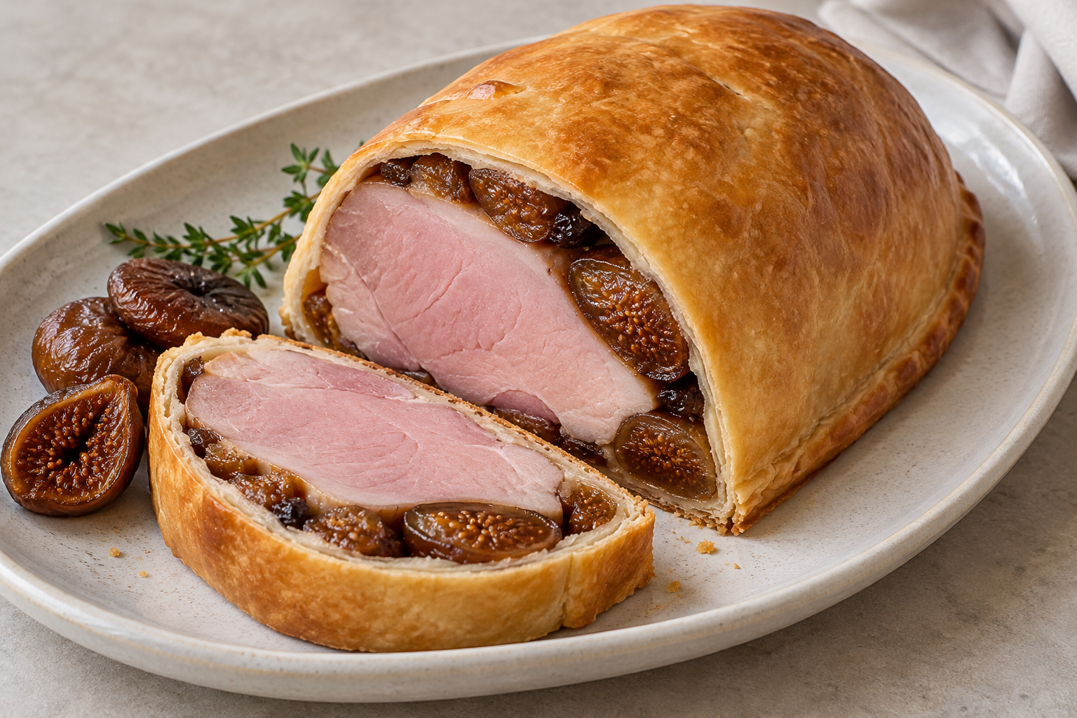 Golden pastry parcel cut open to reveal cooked ham and softened figs.