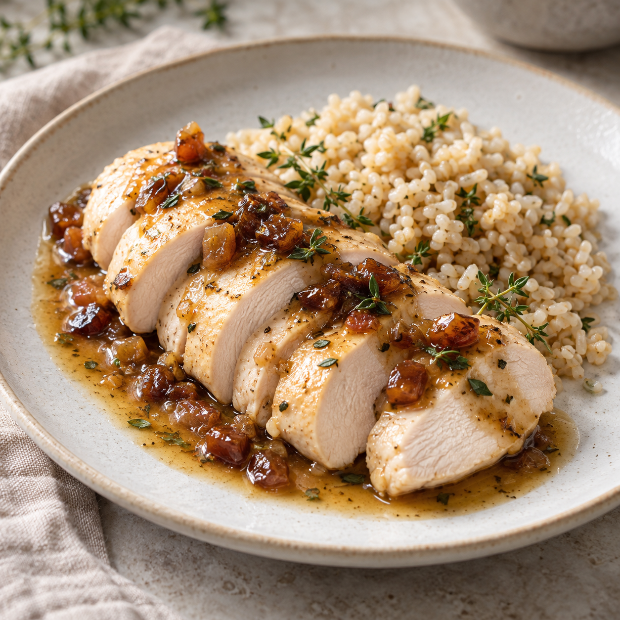 Sliced poached chicken covered with a light date and thyme sauce.