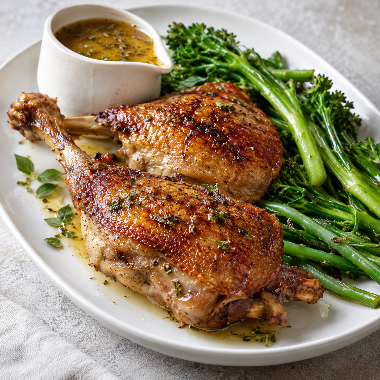 Crisp roasted duck legs with a small jug of honey and oregano gravy.