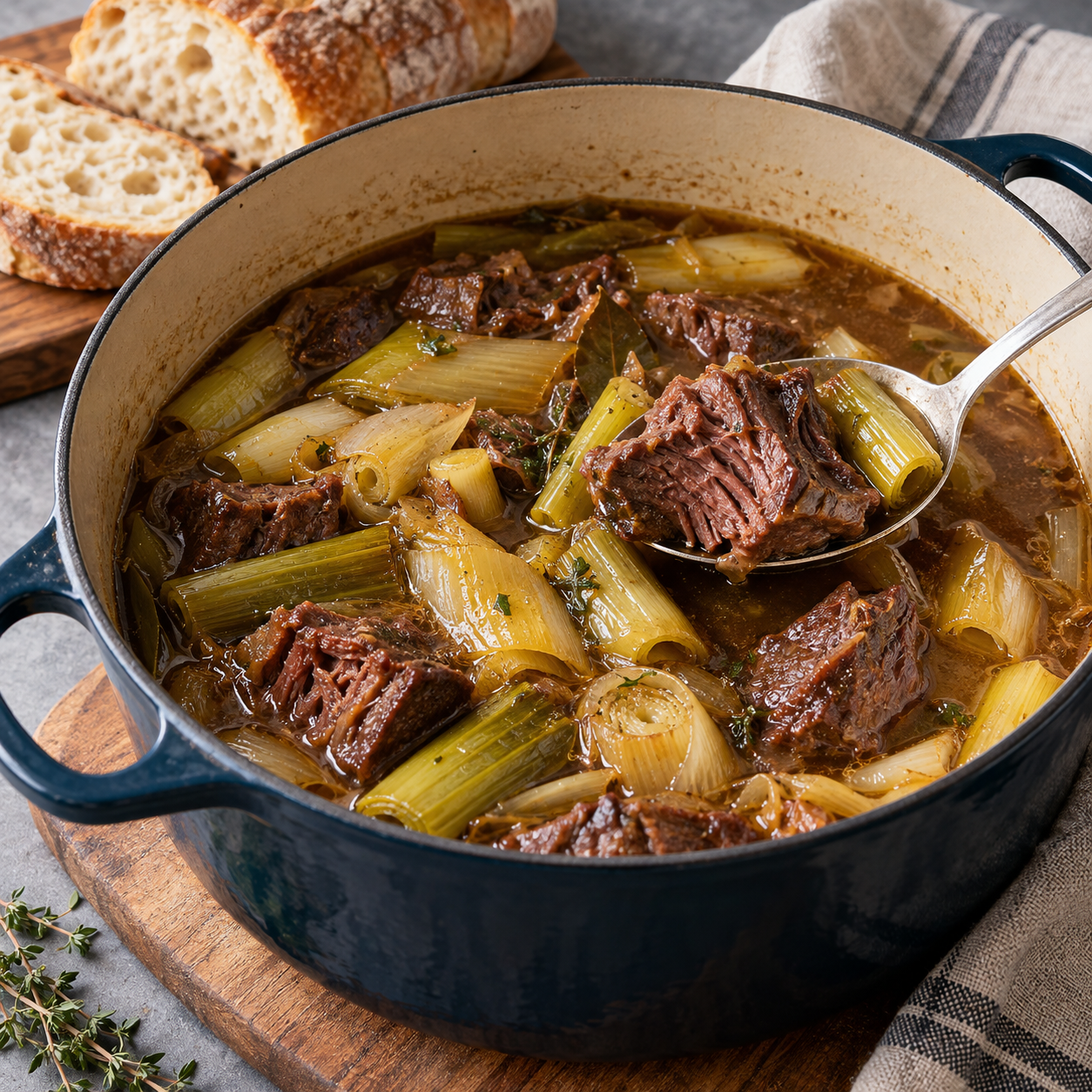 Slow-cooked beef chunks and soft leeks in brown braising broth.
