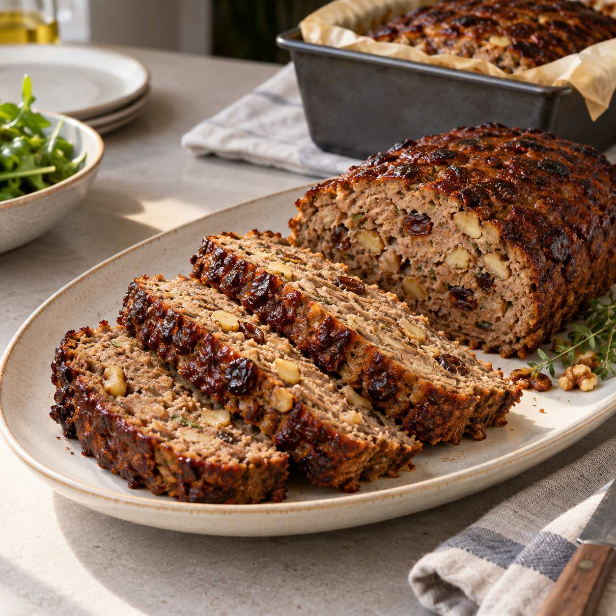 Cooked lamb meatloaf slices with small walnut and date pieces.