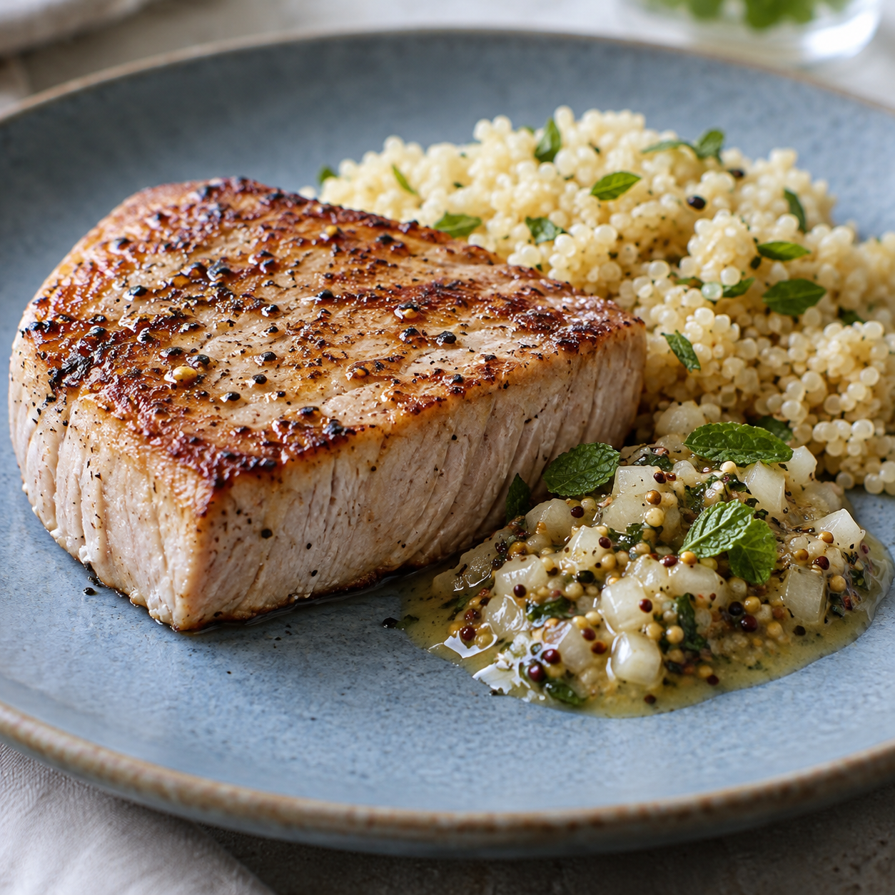 Cooked tuna steak with onion, mint and mustard sauce.