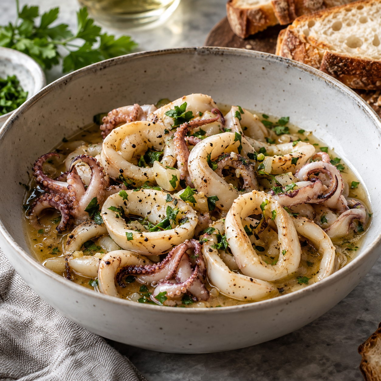 Cooked squid rings and tentacles in a light peppery wine sauce.