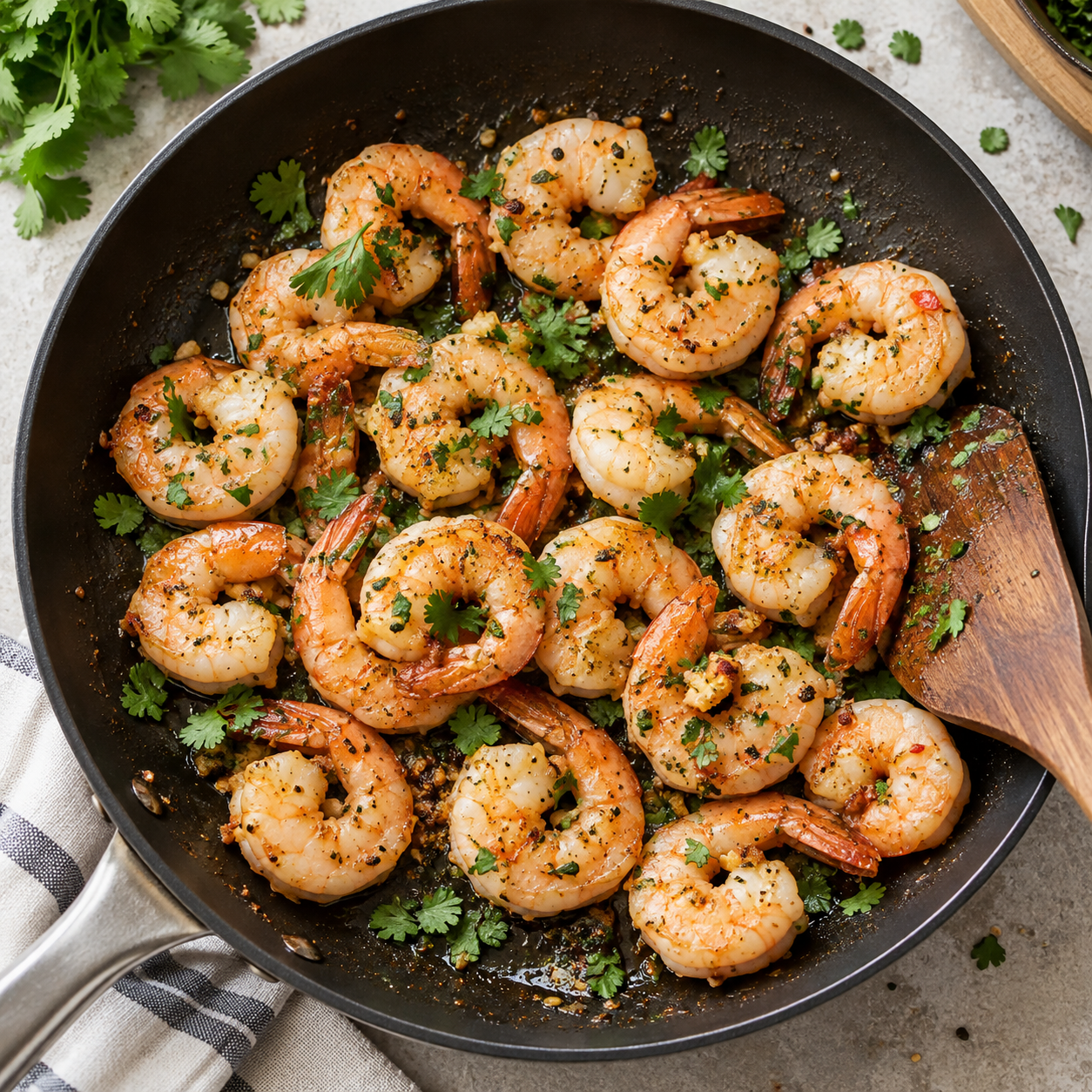 Opaque pink cooked prawns with fresh coriander in a skillet.