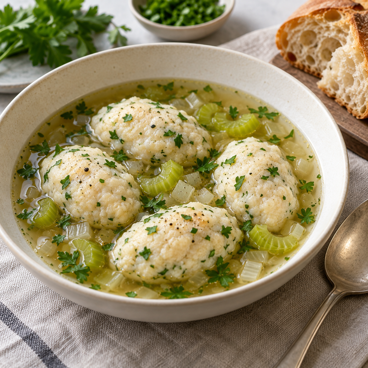 Four pale poached fish dumplings in clear celery broth.