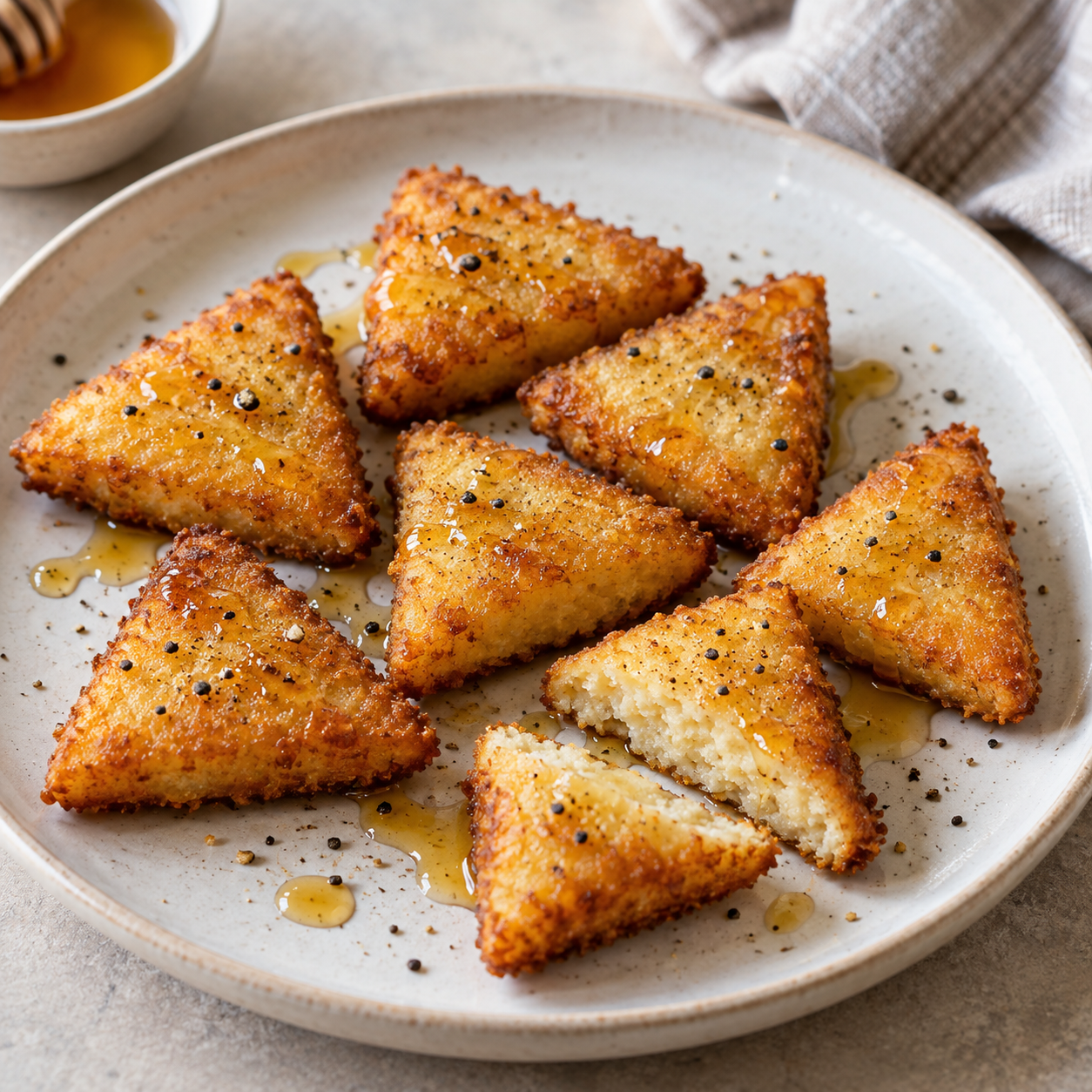 Golden semolina triangles with honey and a soft cooked interior.