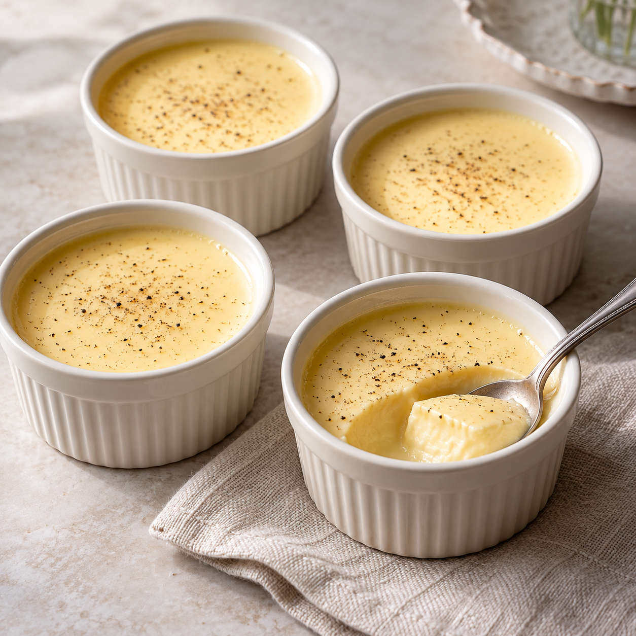 Smooth chilled honey milk custard with a fine pepper dusting.