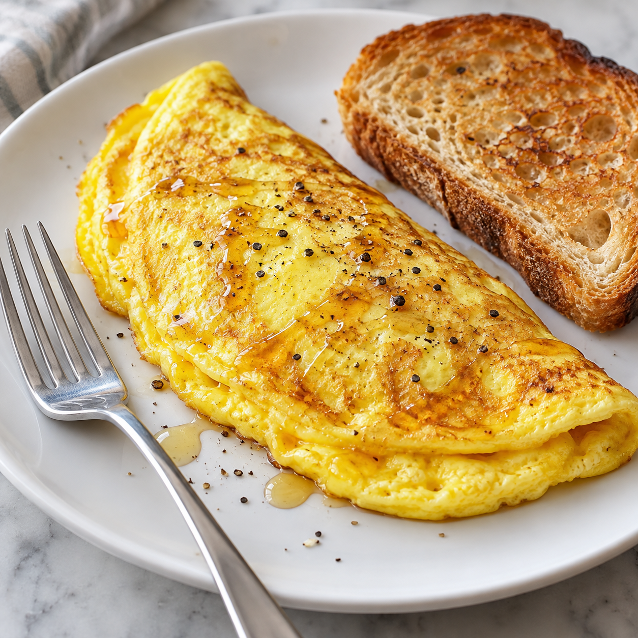 Soft folded cooked omelet drizzled with honey and fine pepper.