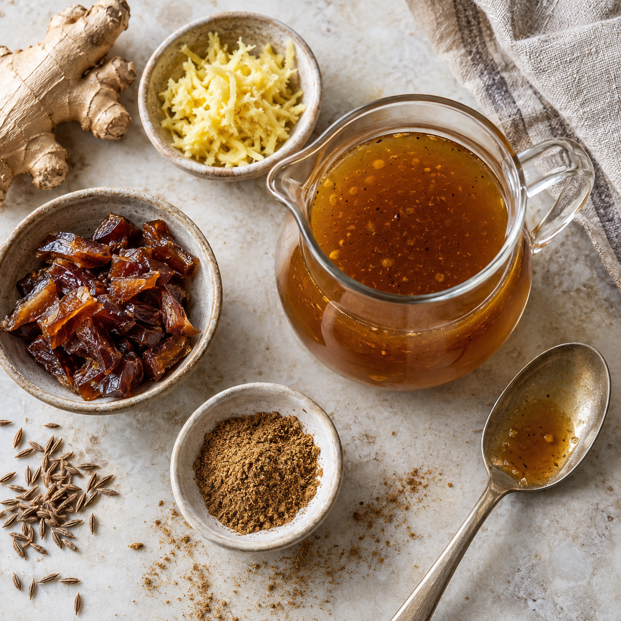 Amber ginger and cumin dressing beside ginger, dates and ground cumin.