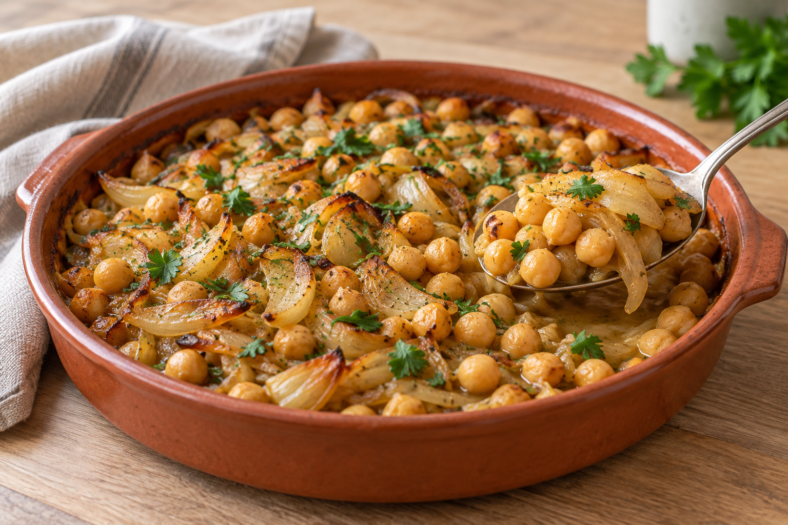 Golden chickpeas and softened onion in a shallow baking dish.