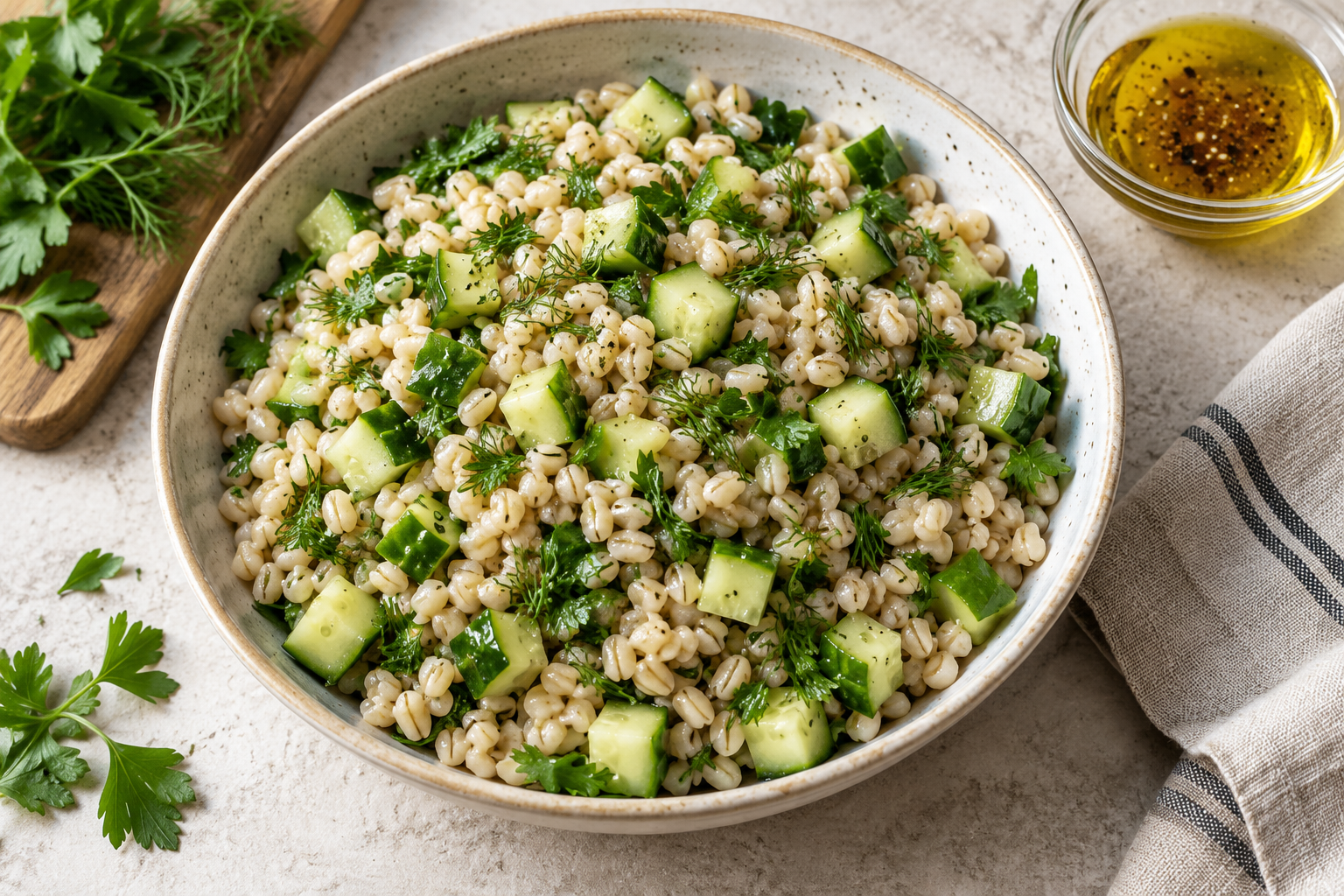 Chewy pearl barley tossed with green cucumber cubes and fresh herbs.