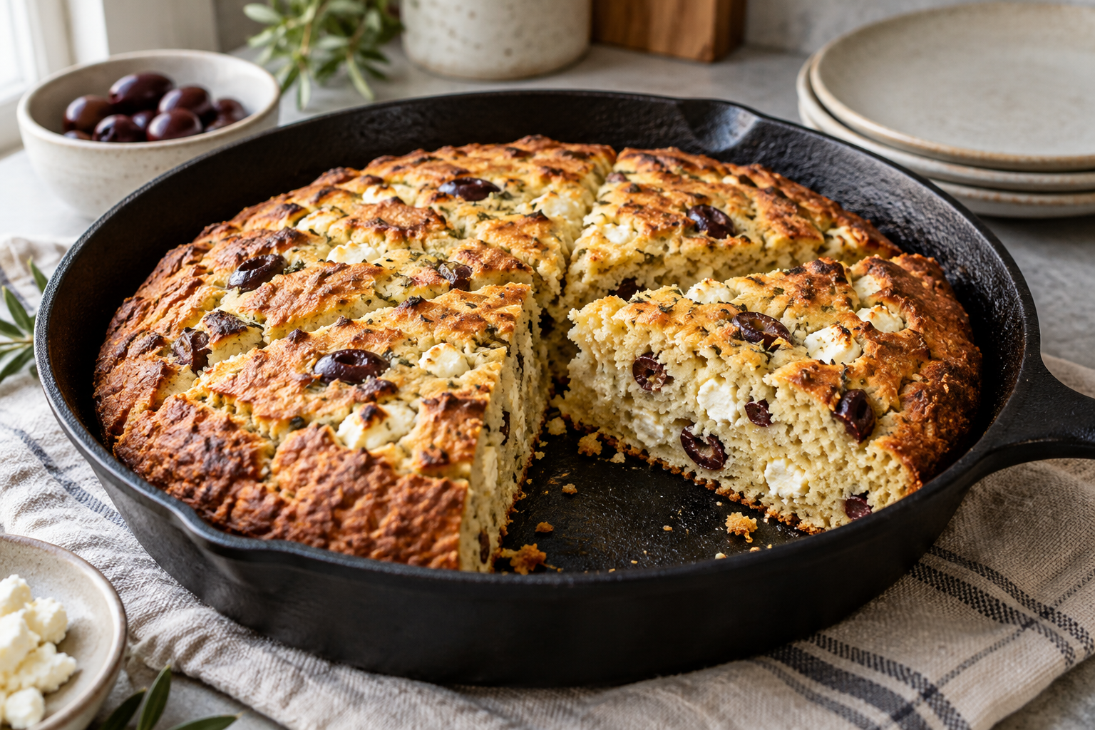 Golden bread wedges with visible olive pieces and crumbled cheese.