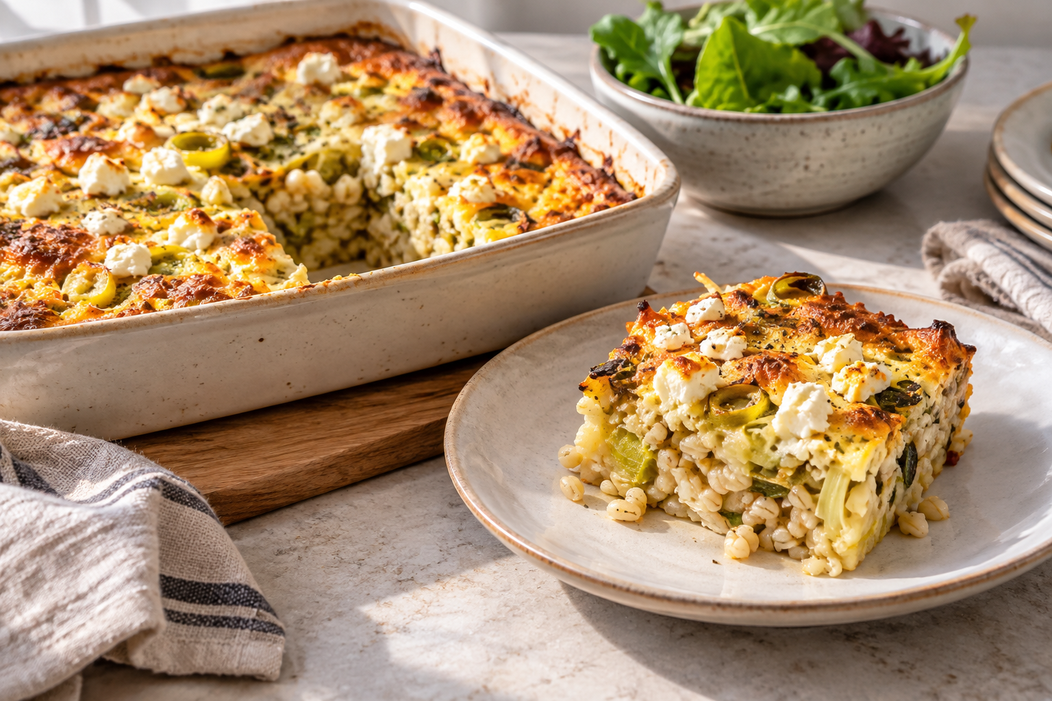 A cut square of barley bake shows kernels, softened leeks and small cheese pockets.
