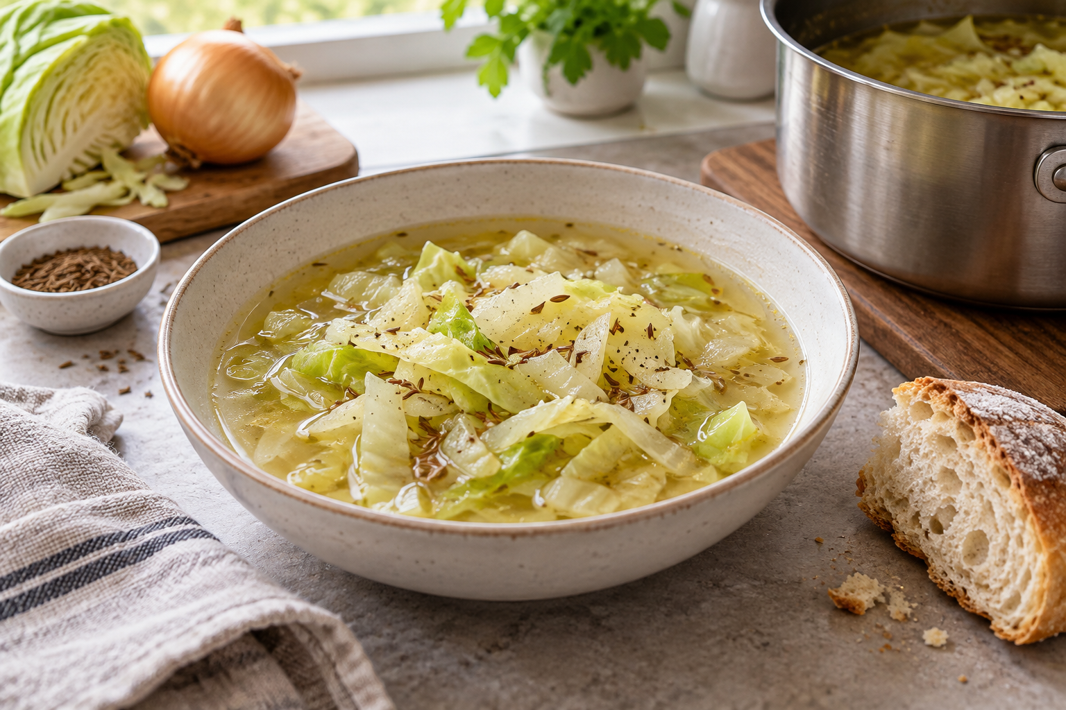 Short cabbage strips and onion in a light broth dotted with cumin seeds.