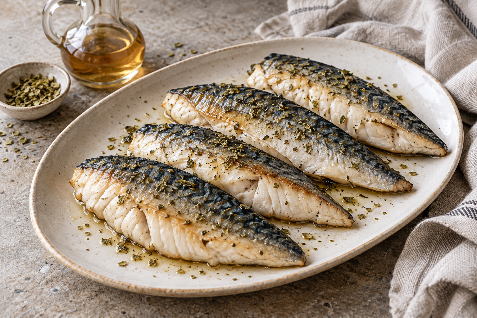 Roasted mackerel fillets with patterned skin and a light oregano finish.