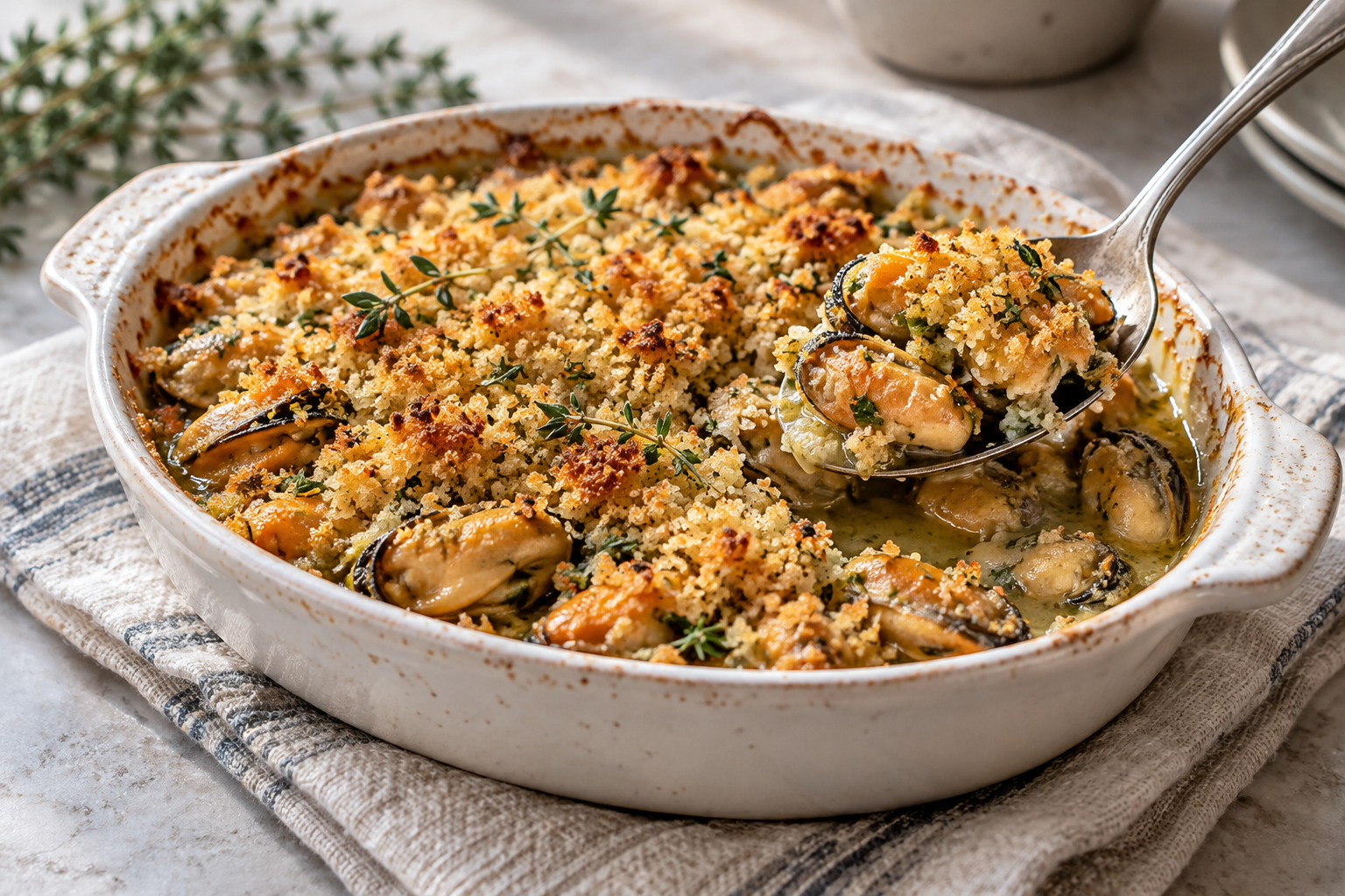 Golden crumbs cover cooked mussel meat in a small shallow baking dish.