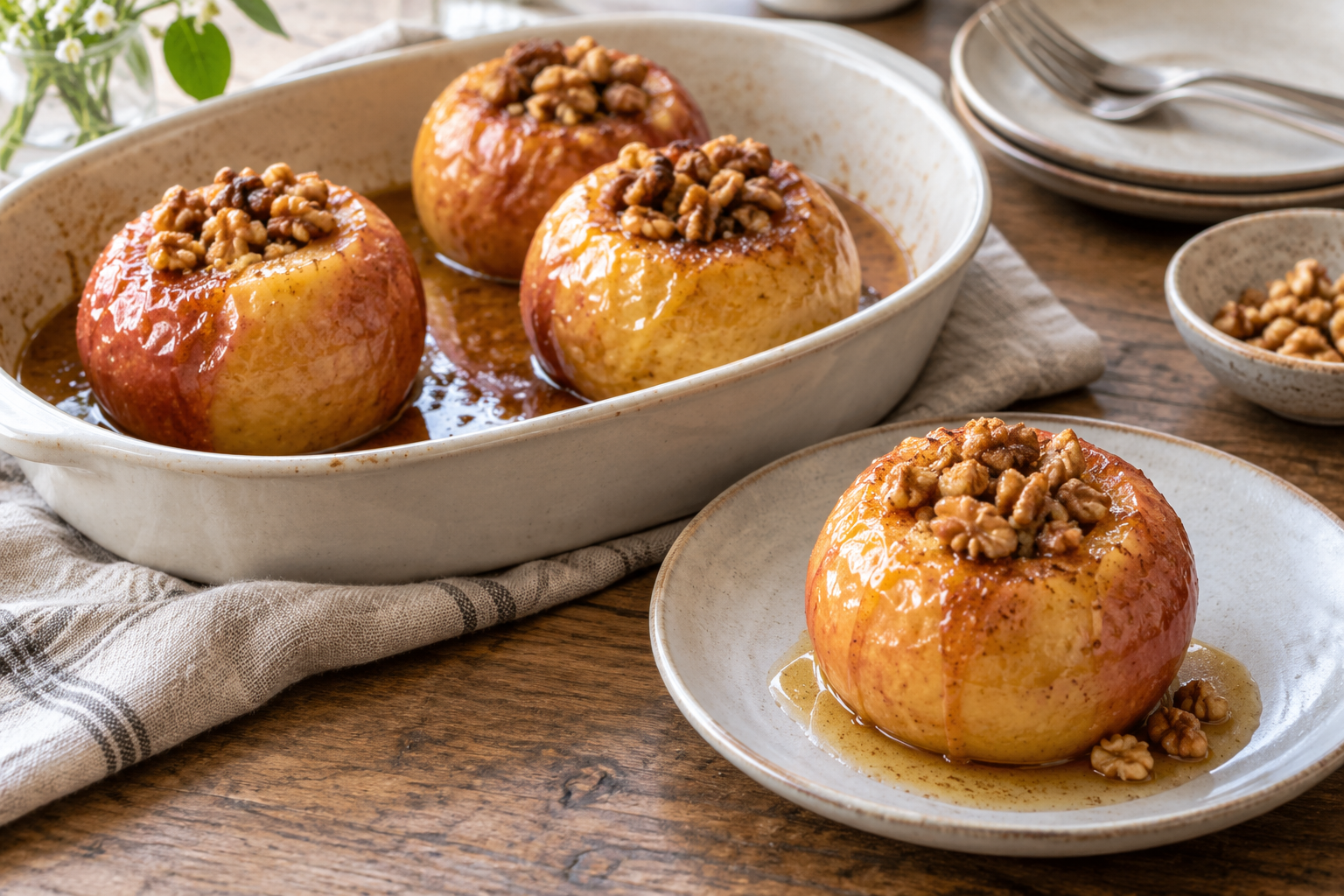 Baked apples with small walnut fillings and amber pan juices.