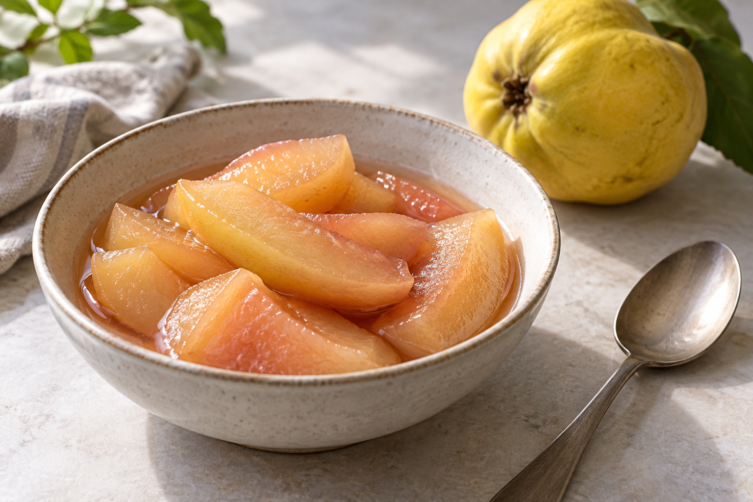 Tender quince slices resting in a light honey syrup.