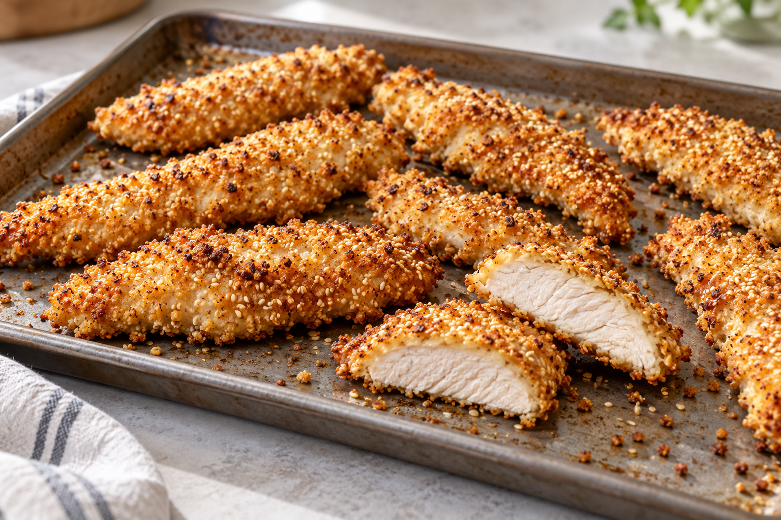 Golden chicken strips coated with breadcrumbs and visible sesame seeds.