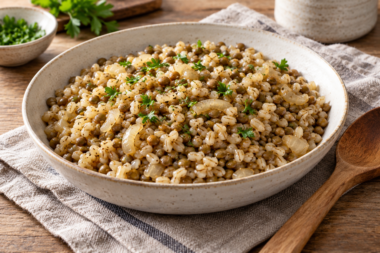 Distinct barley kernels and green lentils in a lightly seasoned pilaf.