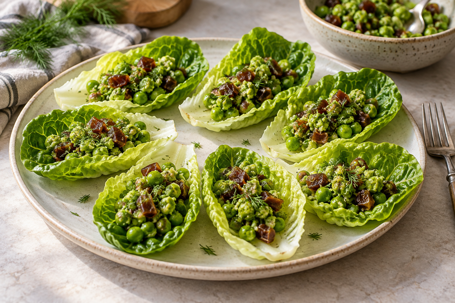 Crisp lettuce leaves filled with crushed green peas, tiny date pieces and dill.