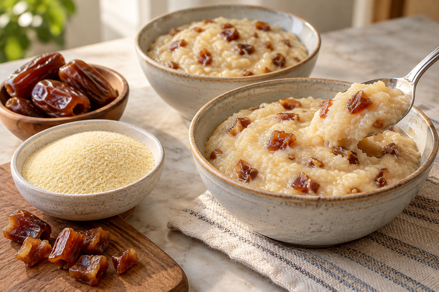 Soft semolina with small date pieces, beside dry grain and pitted dates.