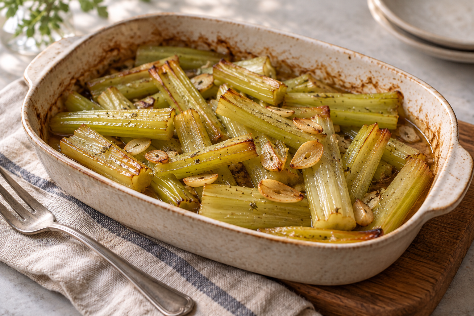 Tender celery sections with softened garlic and lightly browned edges.