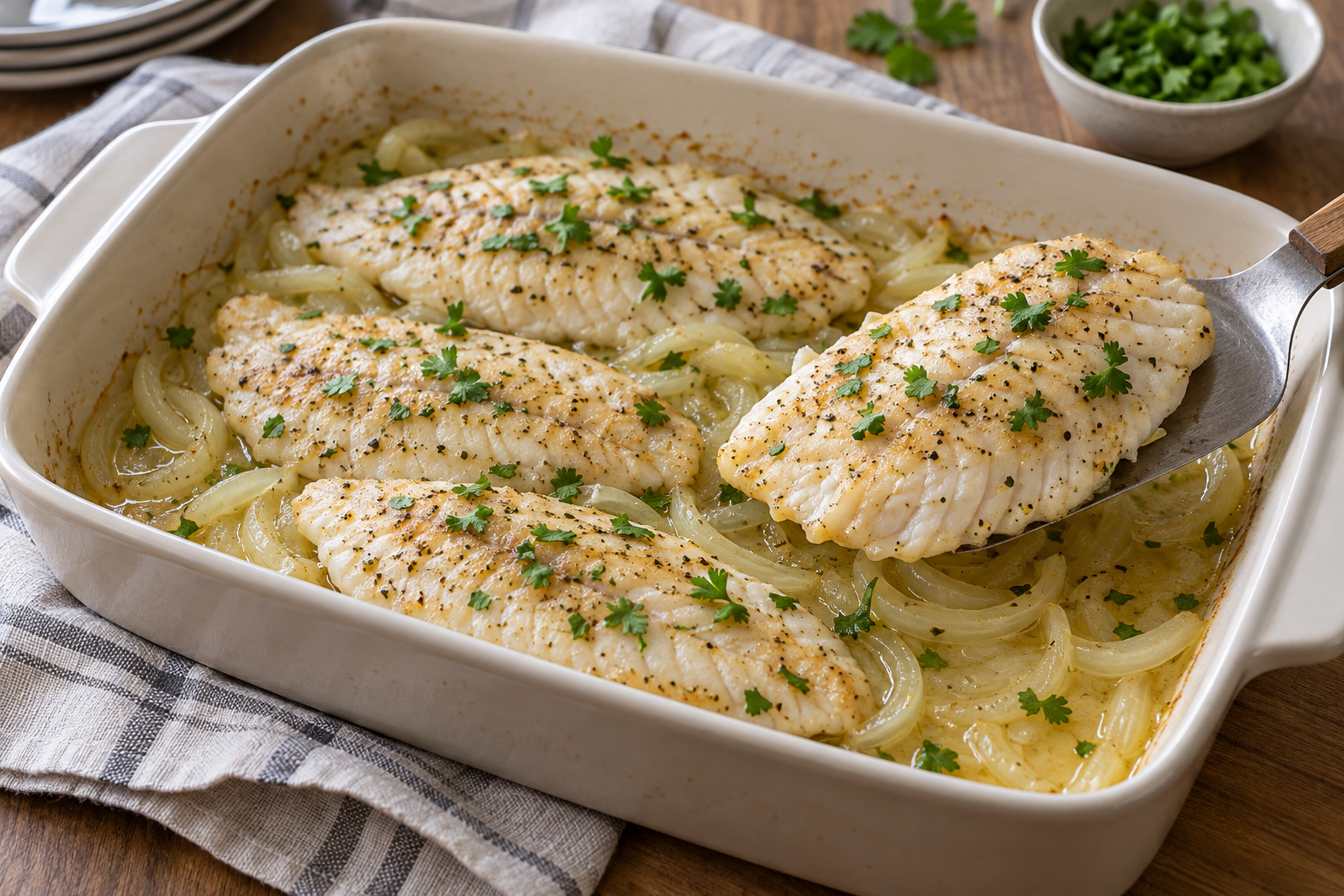 Cooked tilapia fillets rest over soft sliced onions in a shallow oven dish.
