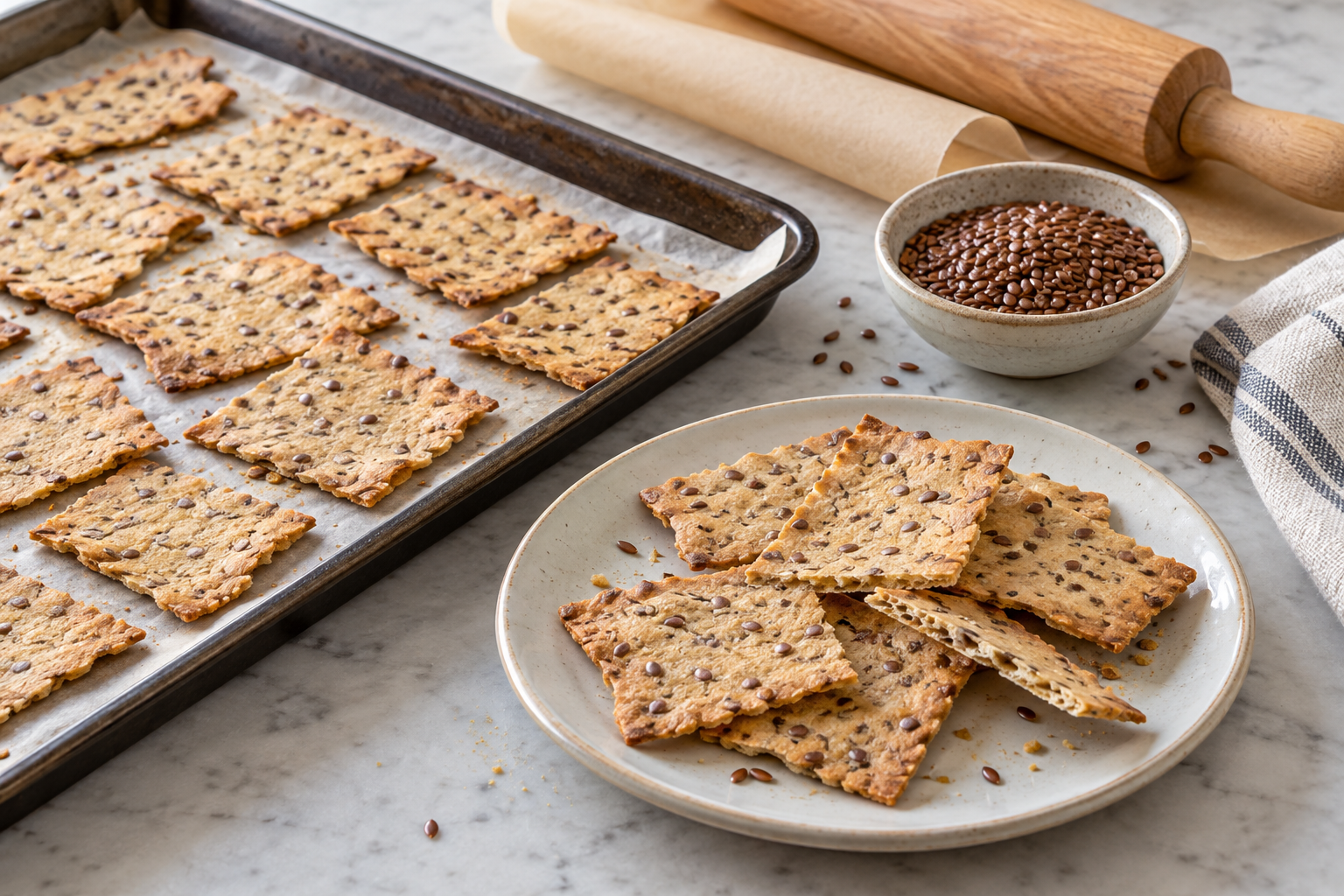 Thin golden wheat crackers dotted with flaxseed, with dough-rolling tools nearby.