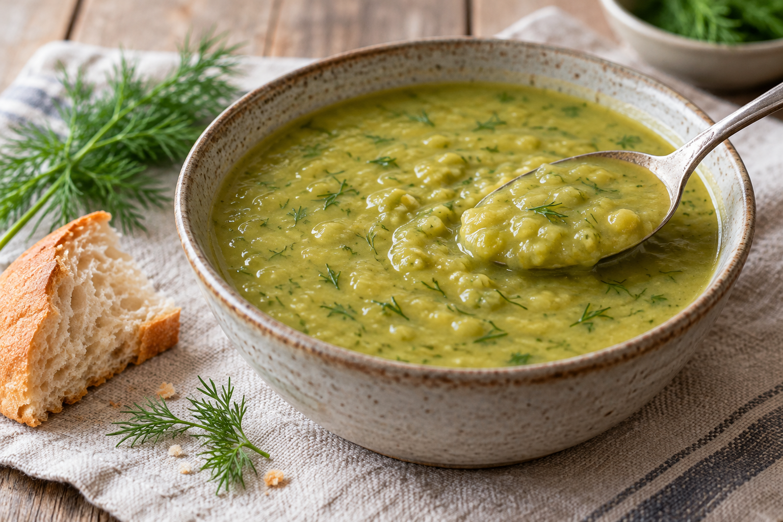 Thick green split-pea soup flecked with dill.