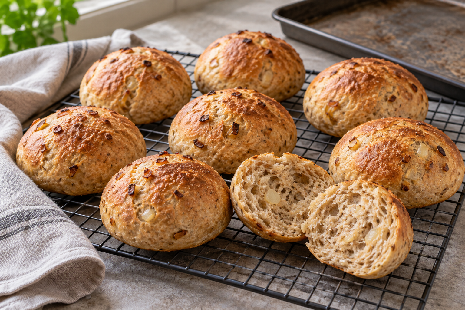 Small golden wheat rolls, one opened to reveal cooked onion in the crumb.