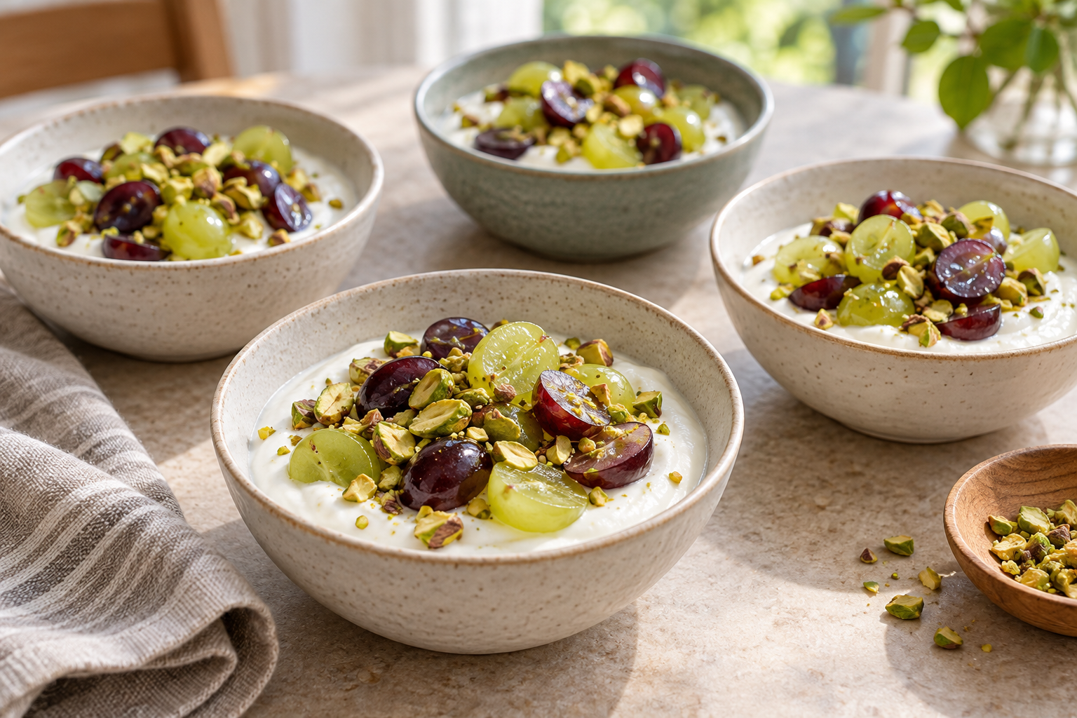 Plain yogurt with halved grapes and small pistachio pieces.
