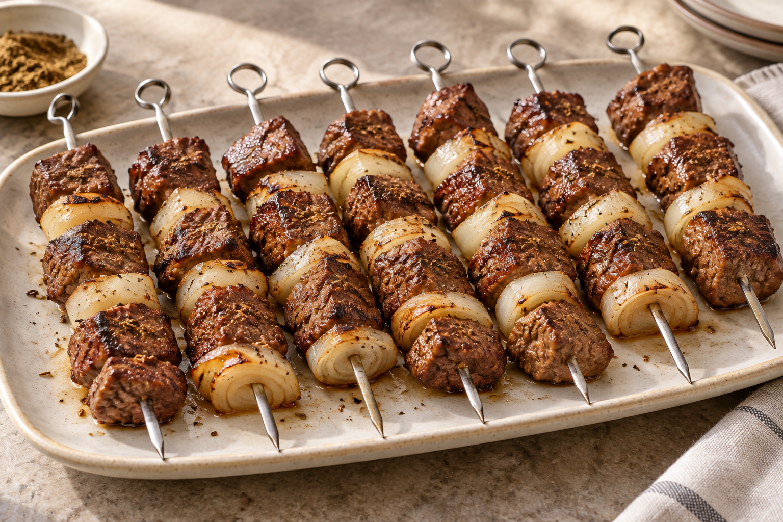 Browned beef cubes and softened onion squares on small kitchen skewers.